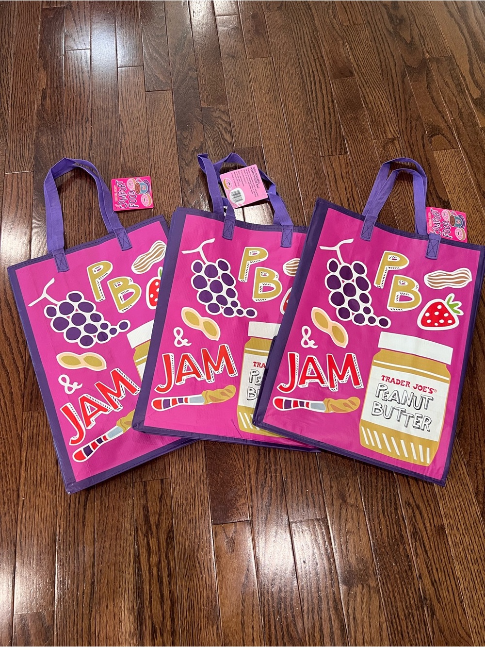 Trader Joe's Pink & Purple PB & Jam Reusable Tote Bag 3 Bags